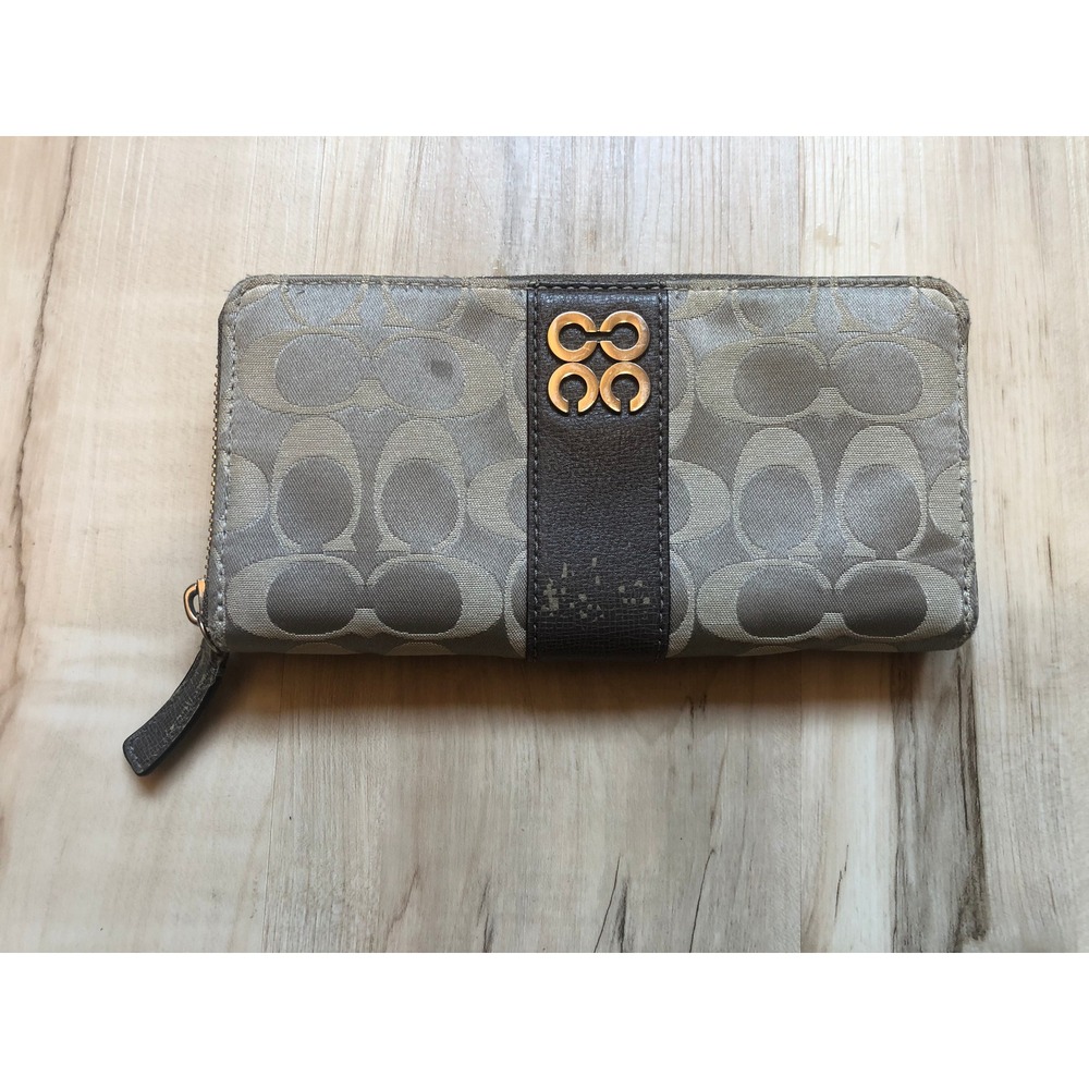 Coach Signature Accordion Zip Around Wallet Khaki Brown Jacquard Gold Hardware